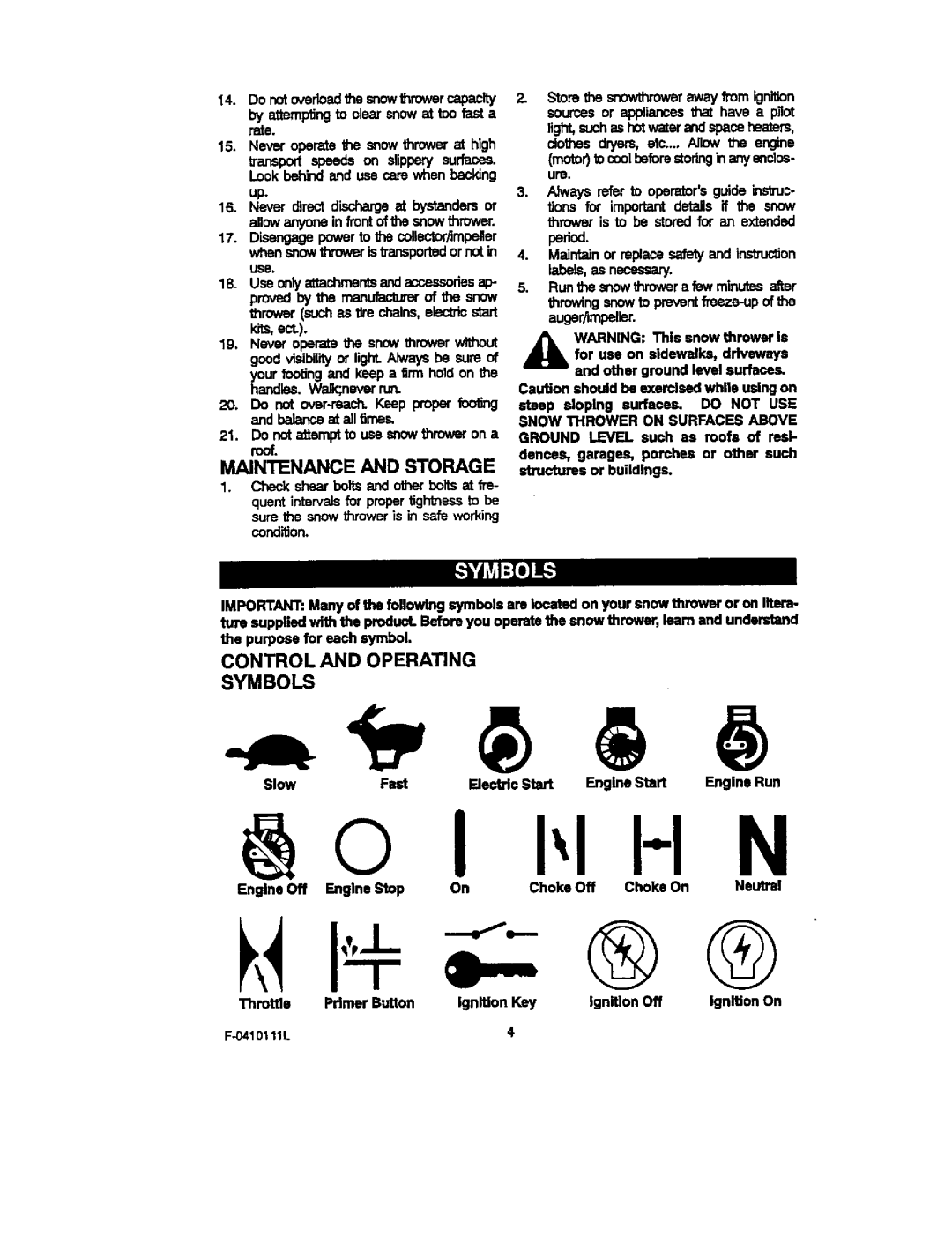 Craftsman 536.88155 operating instructions Maintenance and Storage, Control and Operating Symbols, EcL 