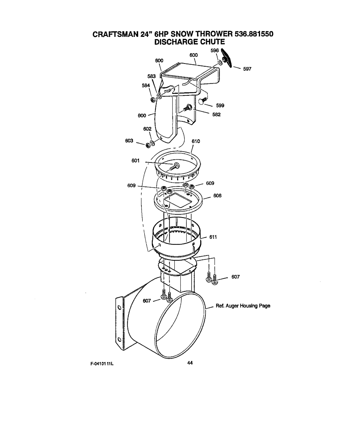 Craftsman Craftsman 24 6HP Snow Thrower 536.881550 Discharge Chute, 6O3 601, 6O9, 6O6 611, Ref.Auger HousingPage 