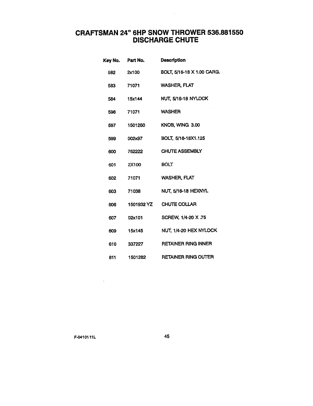 Craftsman 536.88155 operating instructions Washer, KNOB, Wing, Chute Assembly, Bolt, Retainerring Inner 