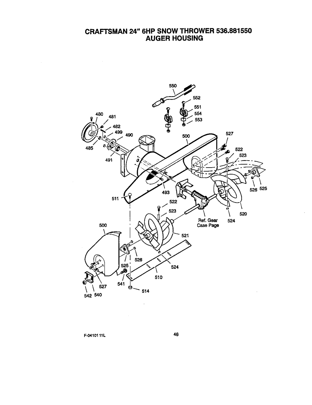 Craftsman operating instructions Craftsman 24 6HP Snow Thrower 536.881550 Auger Housing, 49O5OO527, 522, 523, 524 510 