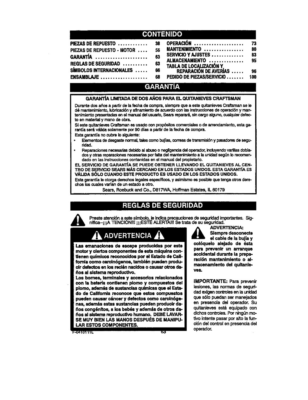 Craftsman 536.88155 operating instructions Almacenamiento 