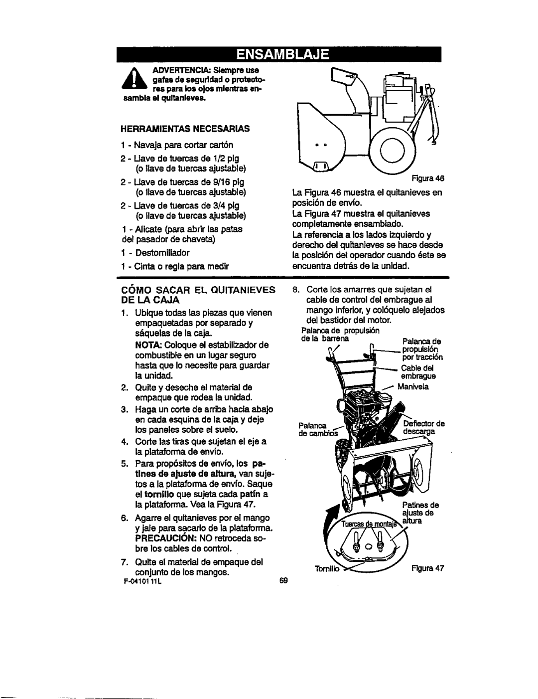 Craftsman 536.88155 Herramientas Necesarias, Como Sacar EL Quitanieves DE LA Caja, Palanca de Patinasde 