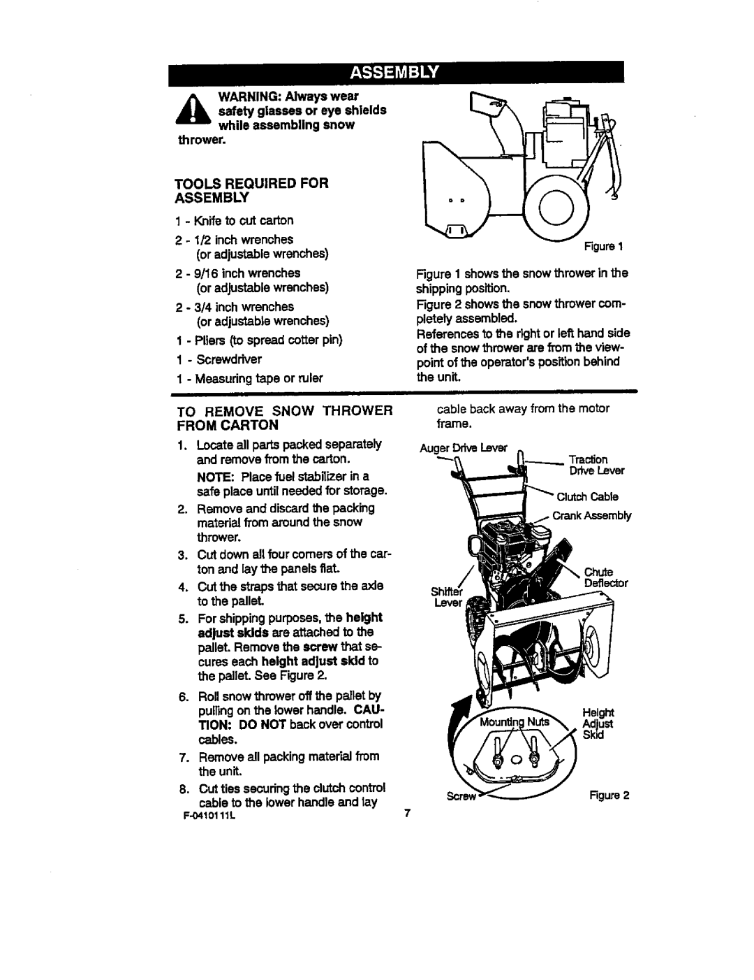 Craftsman 536.88155 Tools Required for Assembly, Knifeto outcarton, To Remove Snow Thrower from Carton 