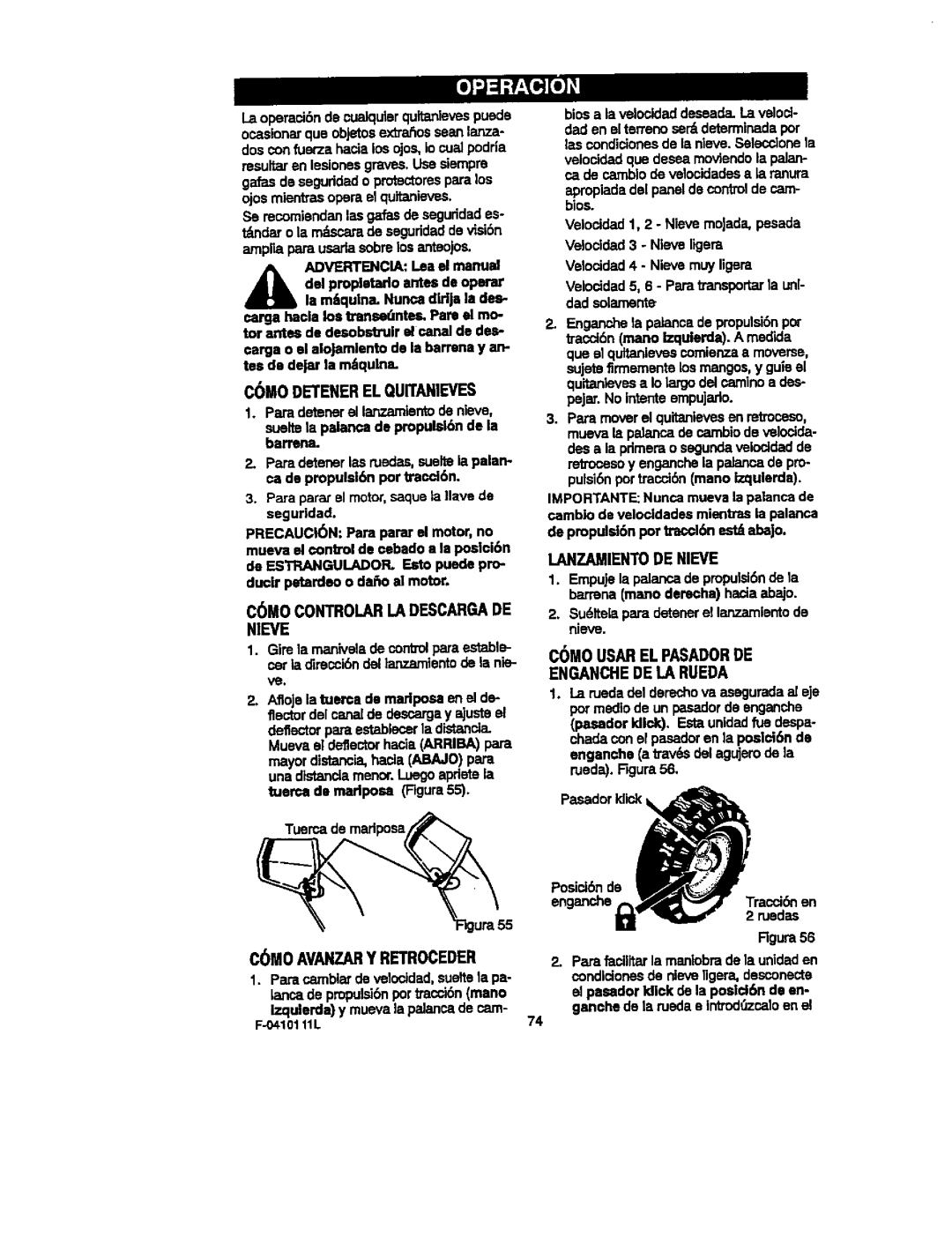 Craftsman 536.88155 operating instructions C6M0 Avanzary Retroceder, C6M0 Controlar LA Descarga DE, Lanzamiento DE Nieve 