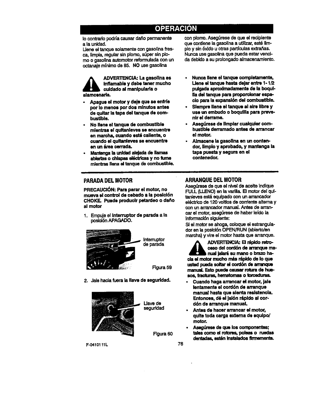 Craftsman 536.88155 Parada DEL Motor, Arranque DEL Motor, Carel motor,asegresede haberleido la informacl6nsiguiente 