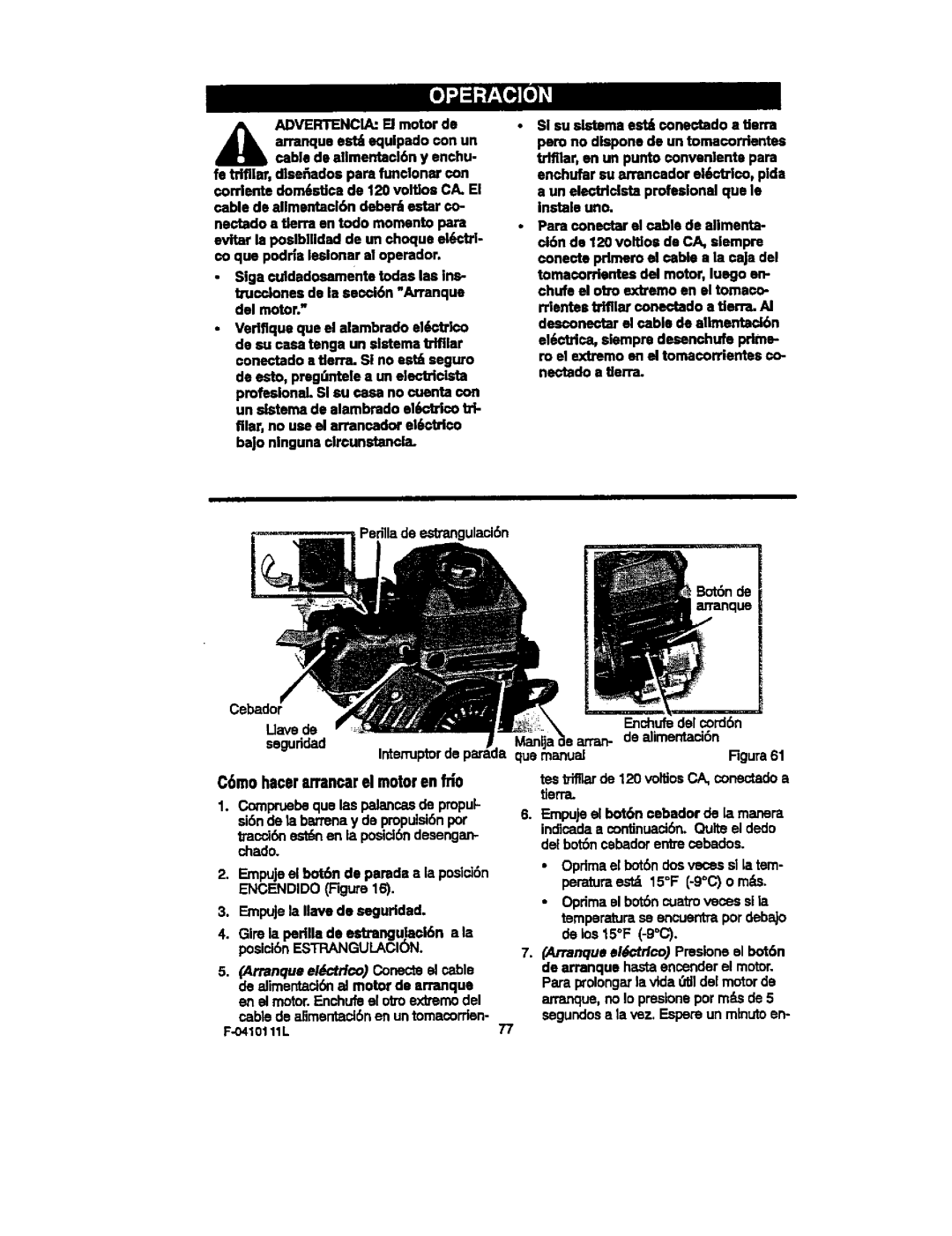 Craftsman 536.88155 C6mo hacerarrancarel motorenfri0, Enchufedel cord6n, Manlt,e arran- de alimentad6n, Qua manual 