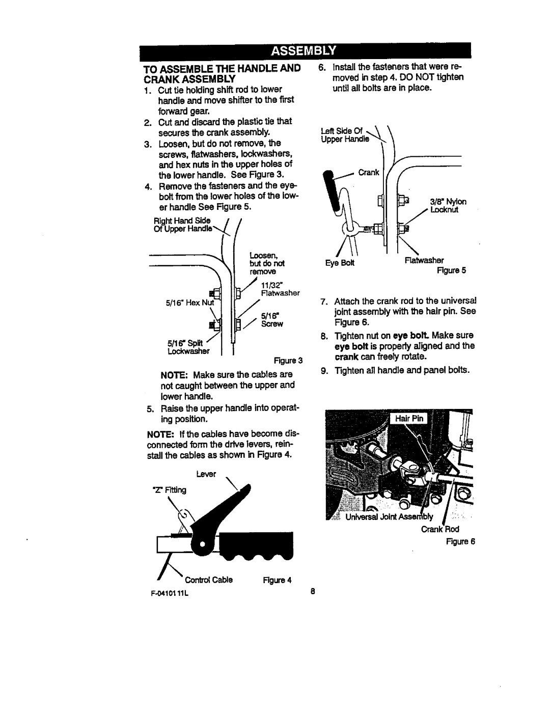 Craftsman 536.88155 operating instructions To Assemble the Handle Crank Assembly, UpperHandle remove, Eye Bolt Ratwasher 