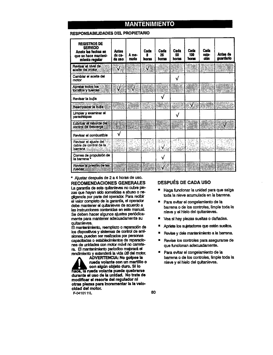 Craftsman 536.88155 operating instructions Capadtadasoesab doreparacb, Responsabilidadesdel Propietario Recstrosde Serwcio 