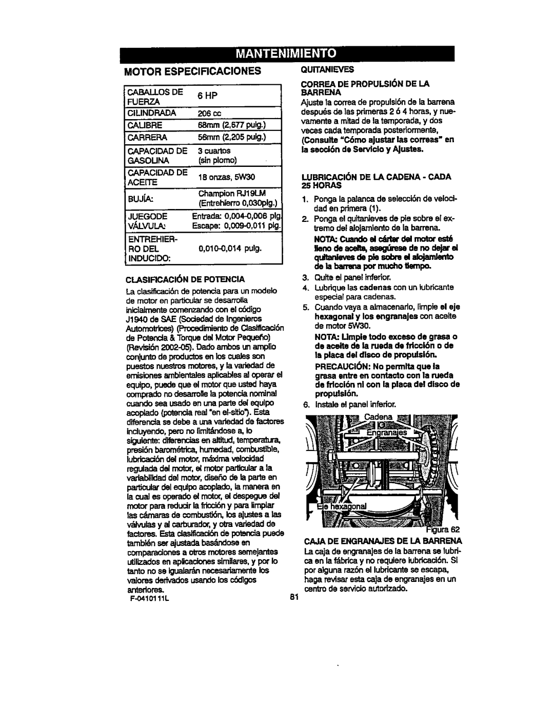 Craftsman 536.88155 operating instructions Motor ESPEClRCAClONES 