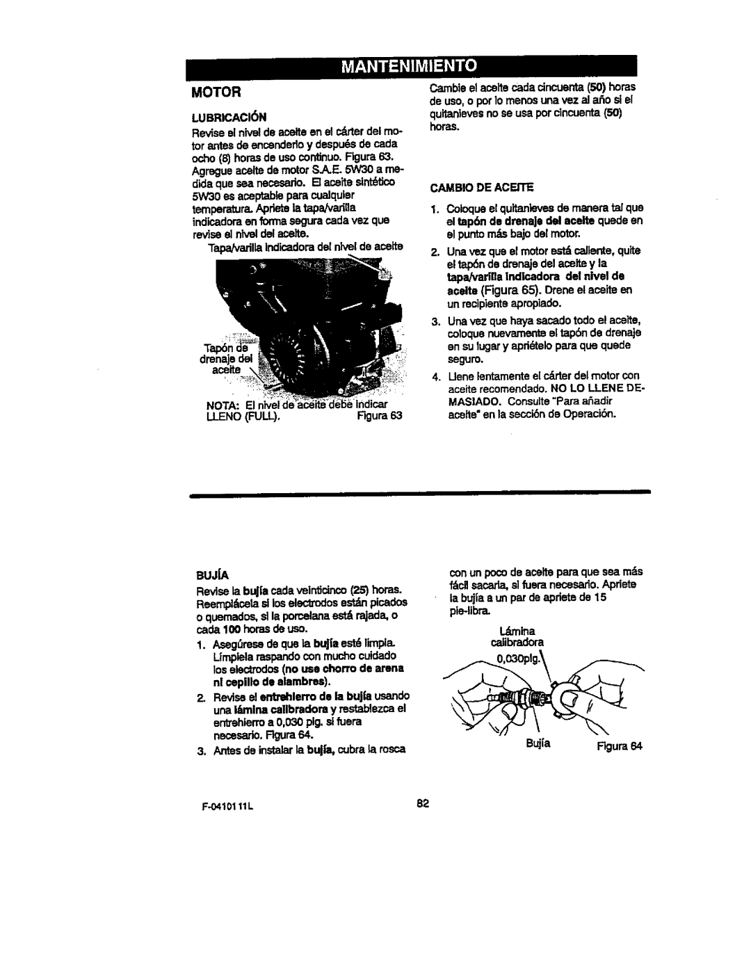 Craftsman 536.88155 operating instructions Motor, BUJiA, Llenofull, Cambio DE Aceite 