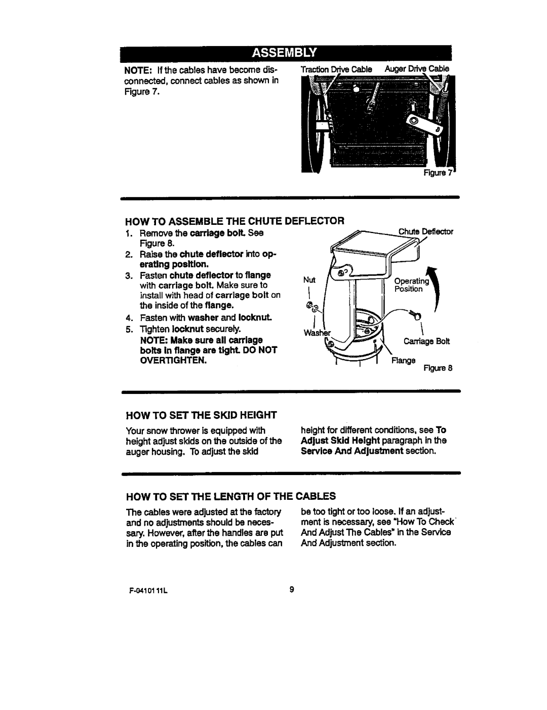 Craftsman 536.88155 HOW to Assemble the Chute Deflector, HOW to SET the Skid Height, HOW to SET the Length of the Cables 