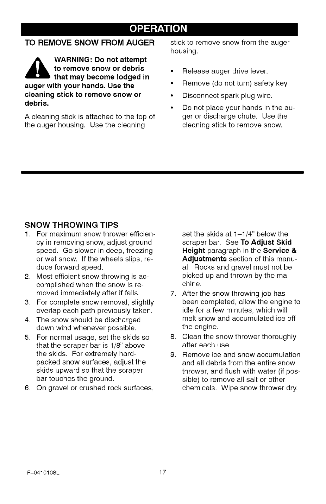 Craftsman 536.8818 manual To Remove Snow from Auger, Snow Throwing Tips 