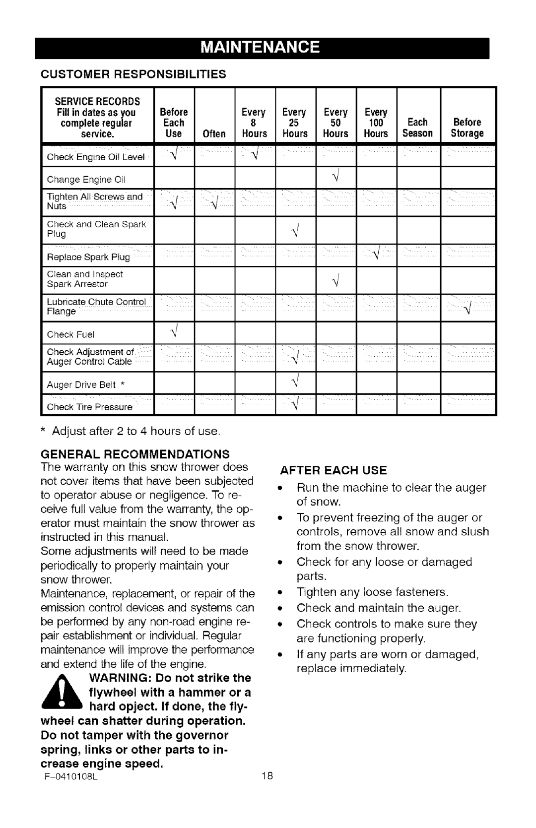 Craftsman 536.8818 manual Completeregular, Hours Hours Season 