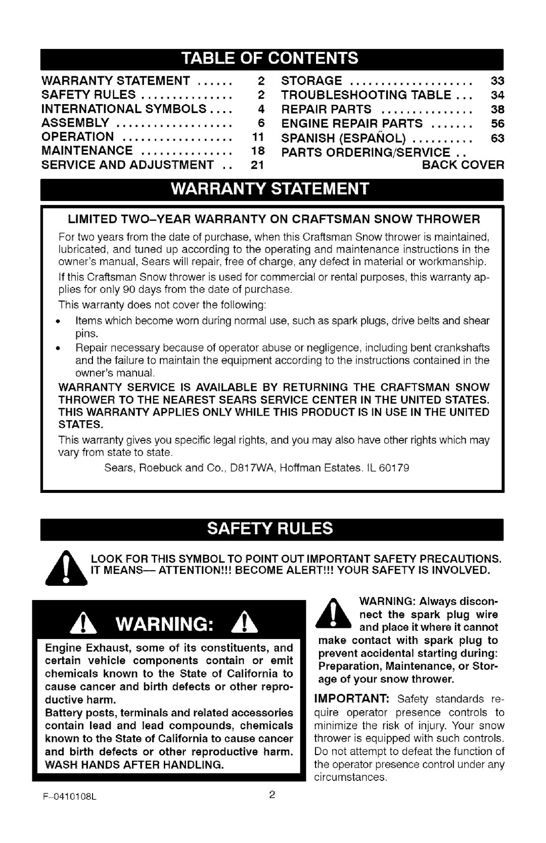 Craftsman 536.8818 manual Limited TWO-YEAR Warranty on Craftsman Snow Thrower, It Means--Attention, Become ALERTt!! Your 