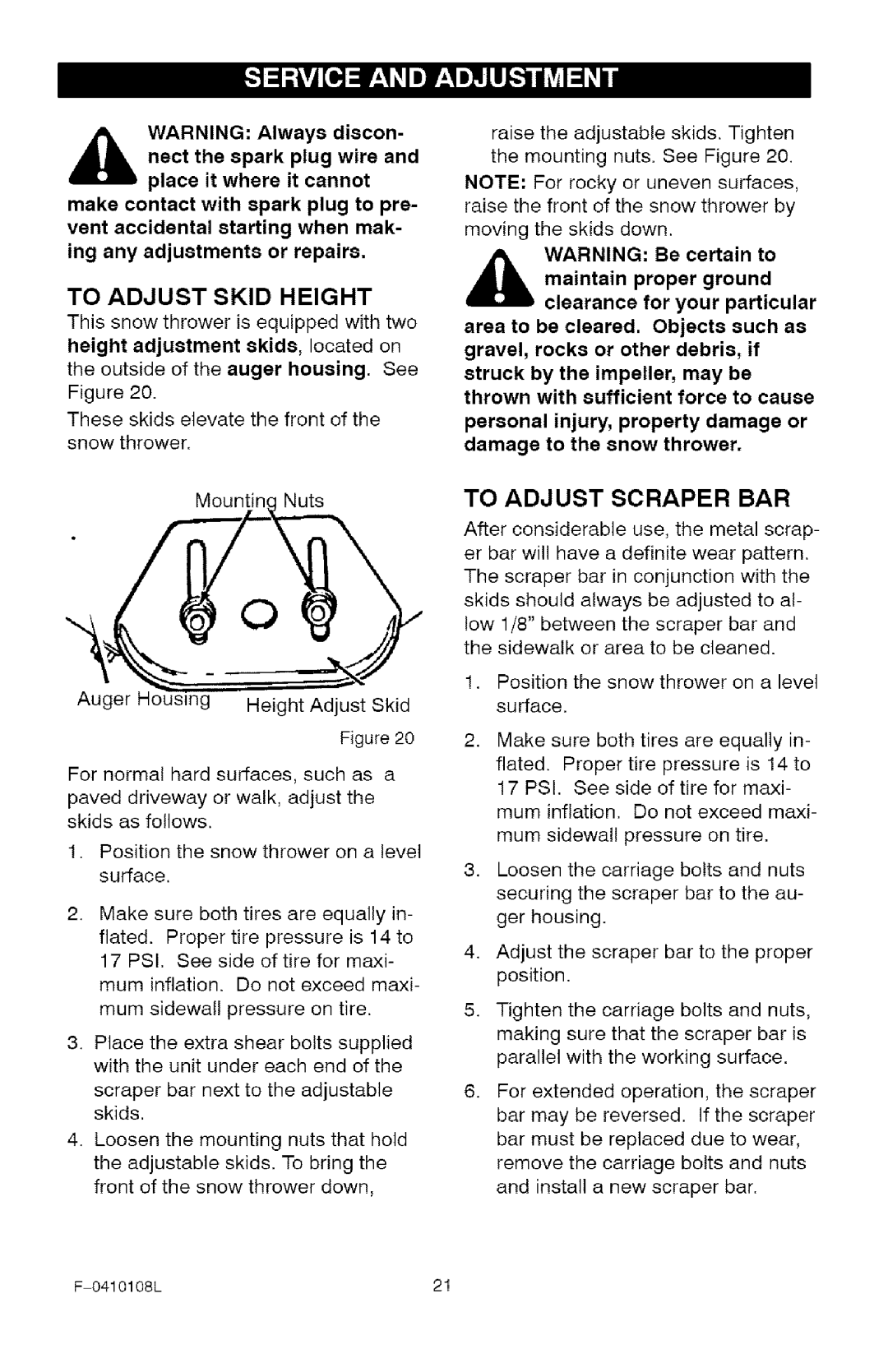 Craftsman 536.8818 manual To Adjust Skid Height, To Adjust Scraper BAR, Height adjustment skids, located on 