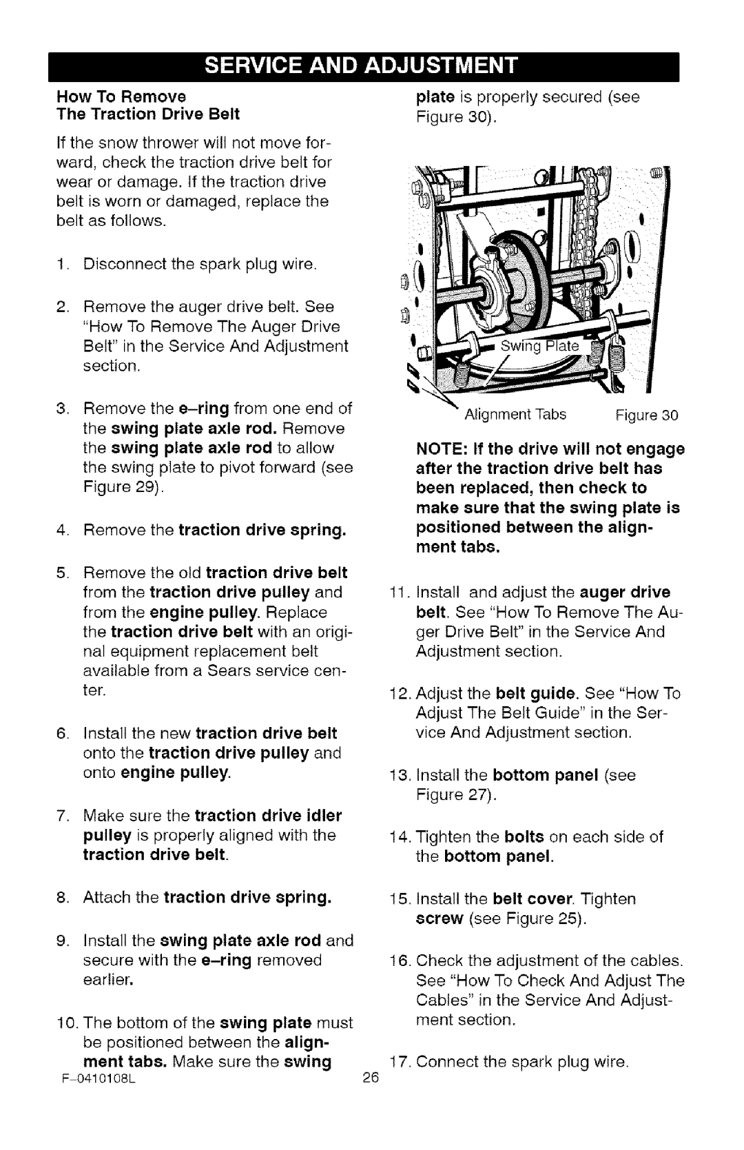 Craftsman 536.8818 manual How To Remove Traction Drive Belt, Remove the traction drive spring, Plate must, Swing 