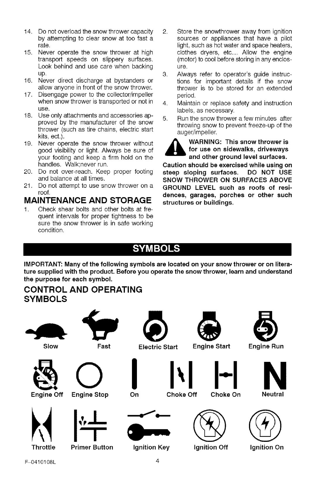 Craftsman 536.8818 manual Maintenance and Storage, Control and Operating Symbols, HandlesWalkneverrun 