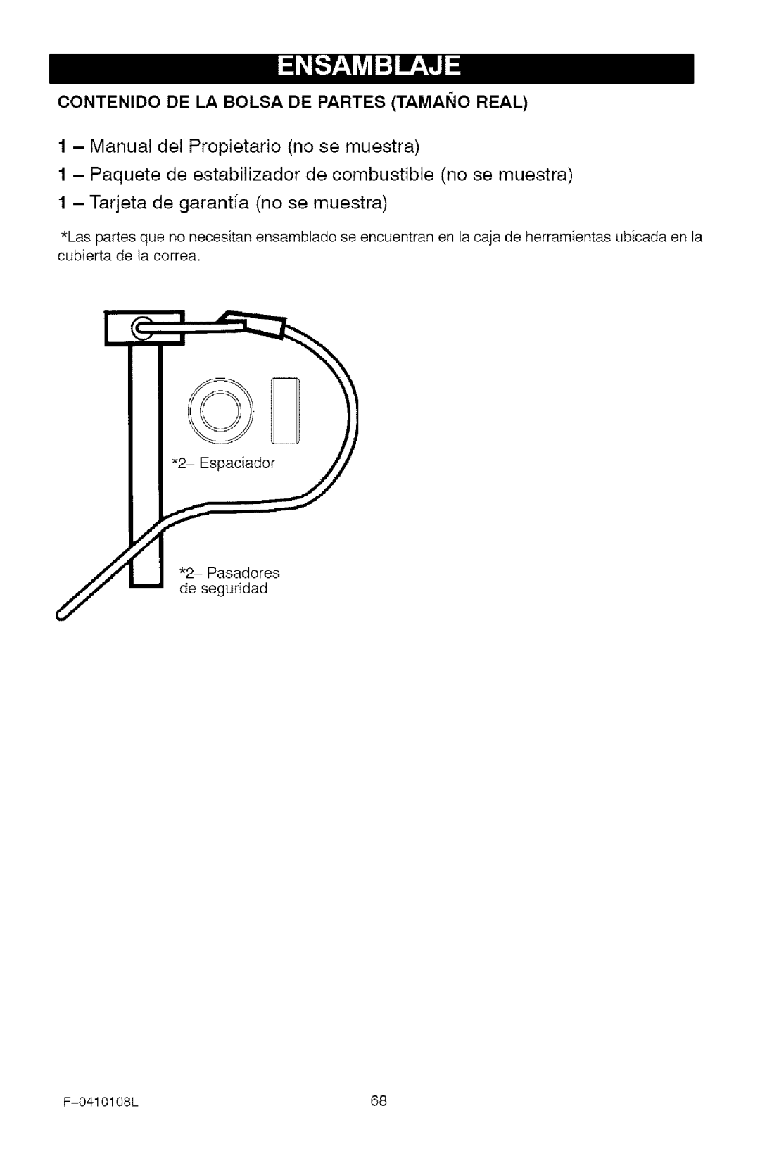 Craftsman 536.8818 manual Contenido DE LA Bolsa DE Partes Tamaiio Real 