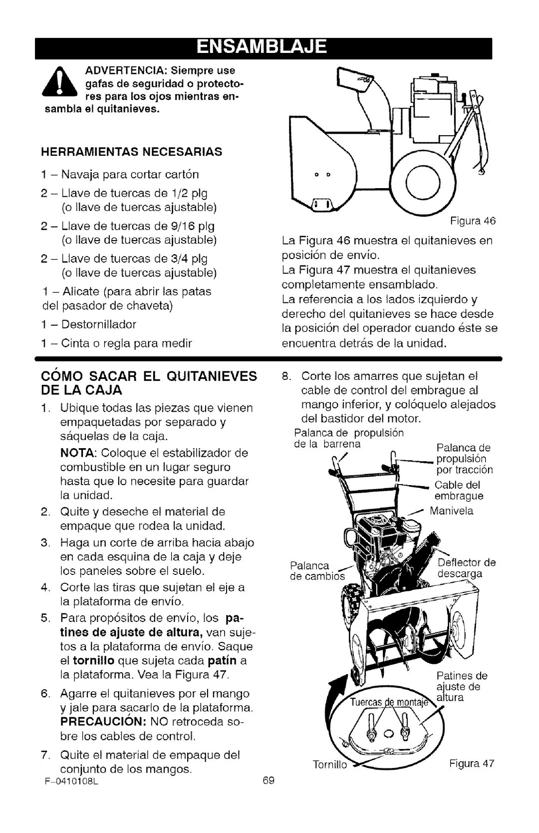 Craftsman 536.8818 Como Sacar EL Quitanieves DE LA Caja, Herramientas Necesarias, Tines de ajuste de altura, van suje 