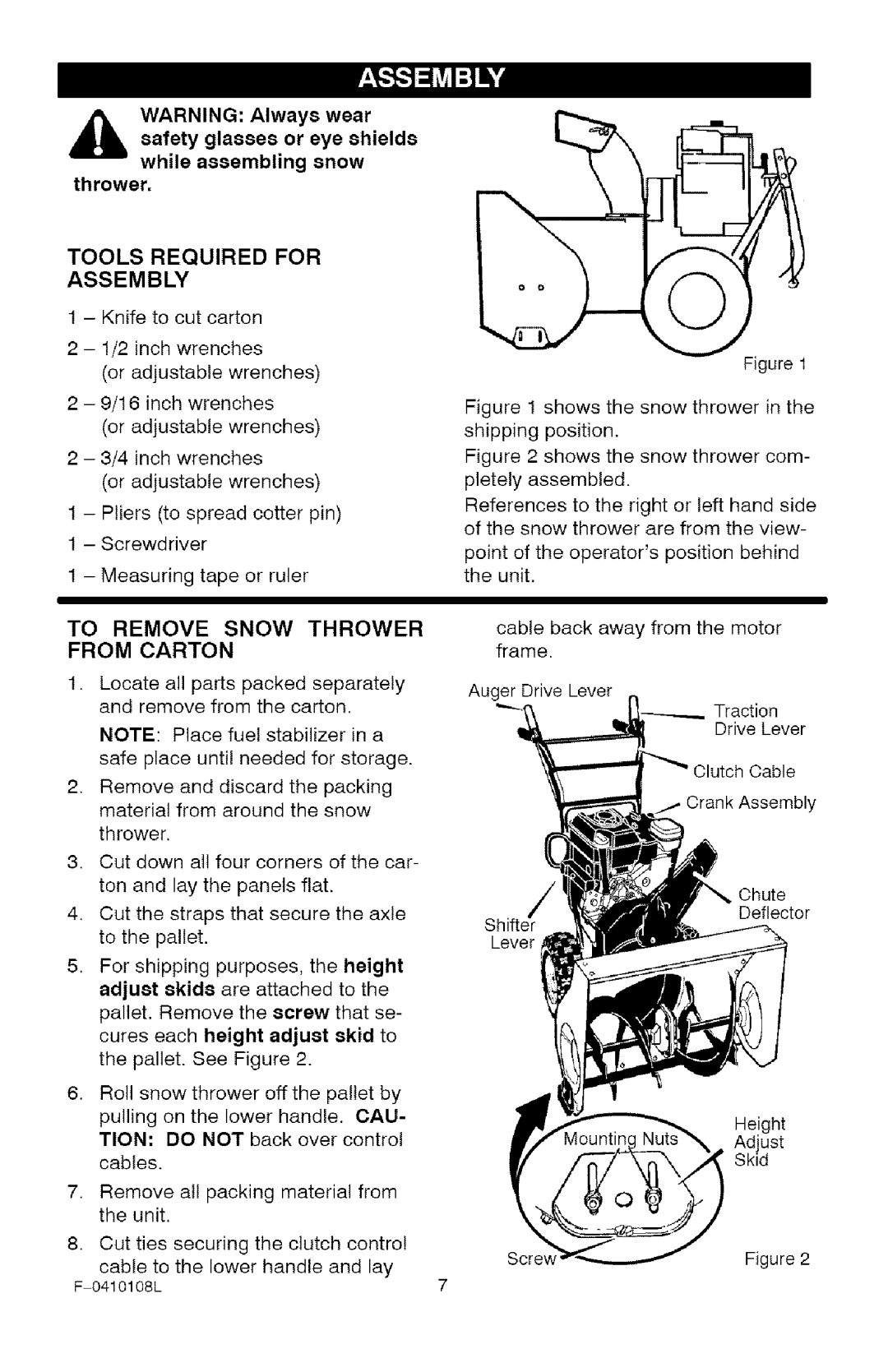 Craftsman 536.8818 manual Tools Required for, Assembly, To Remove Snow Thrower, From Carton 