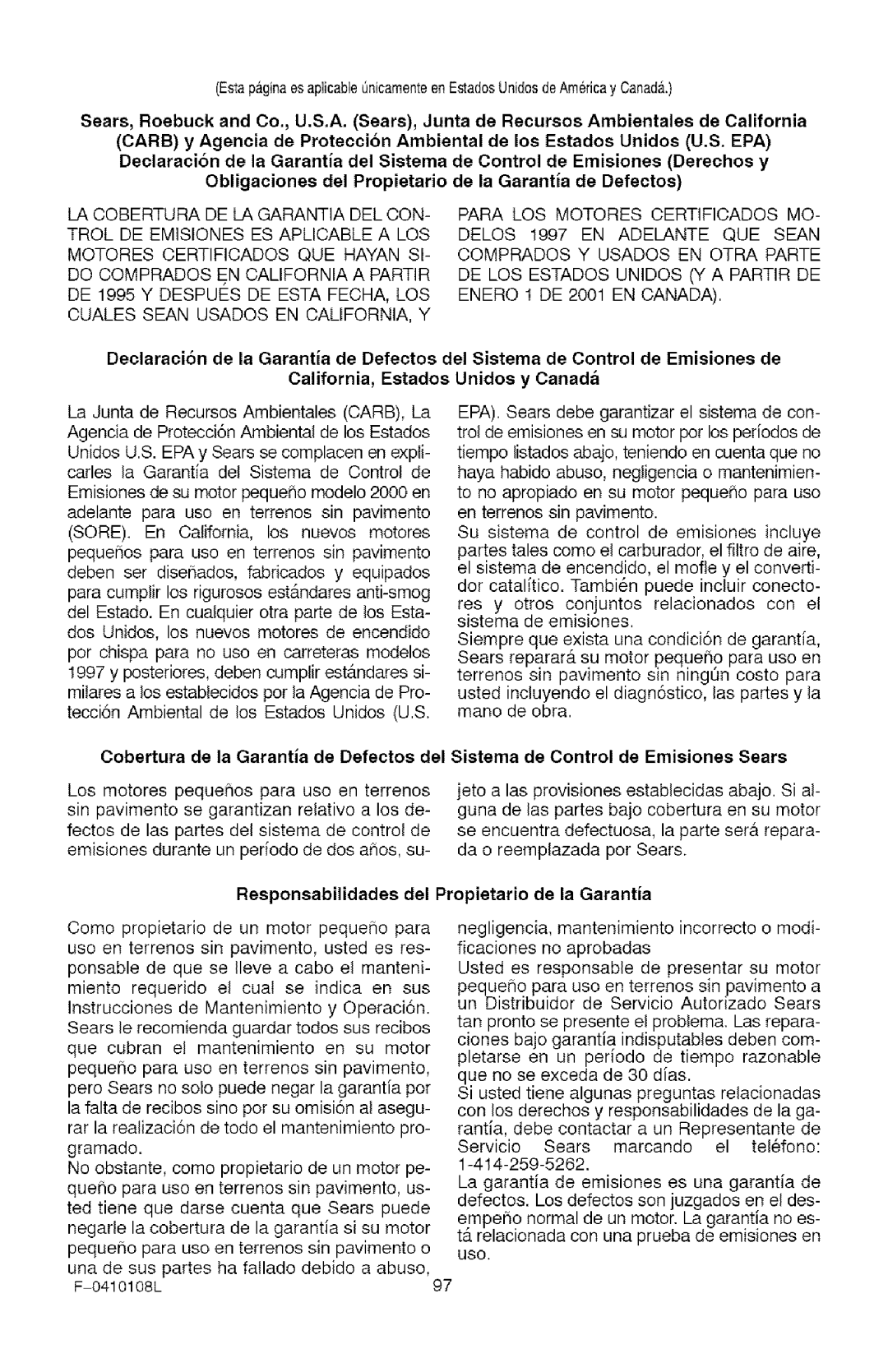 Craftsman 536.8818 manual Responsabilidades del Propietario de la Garantia 