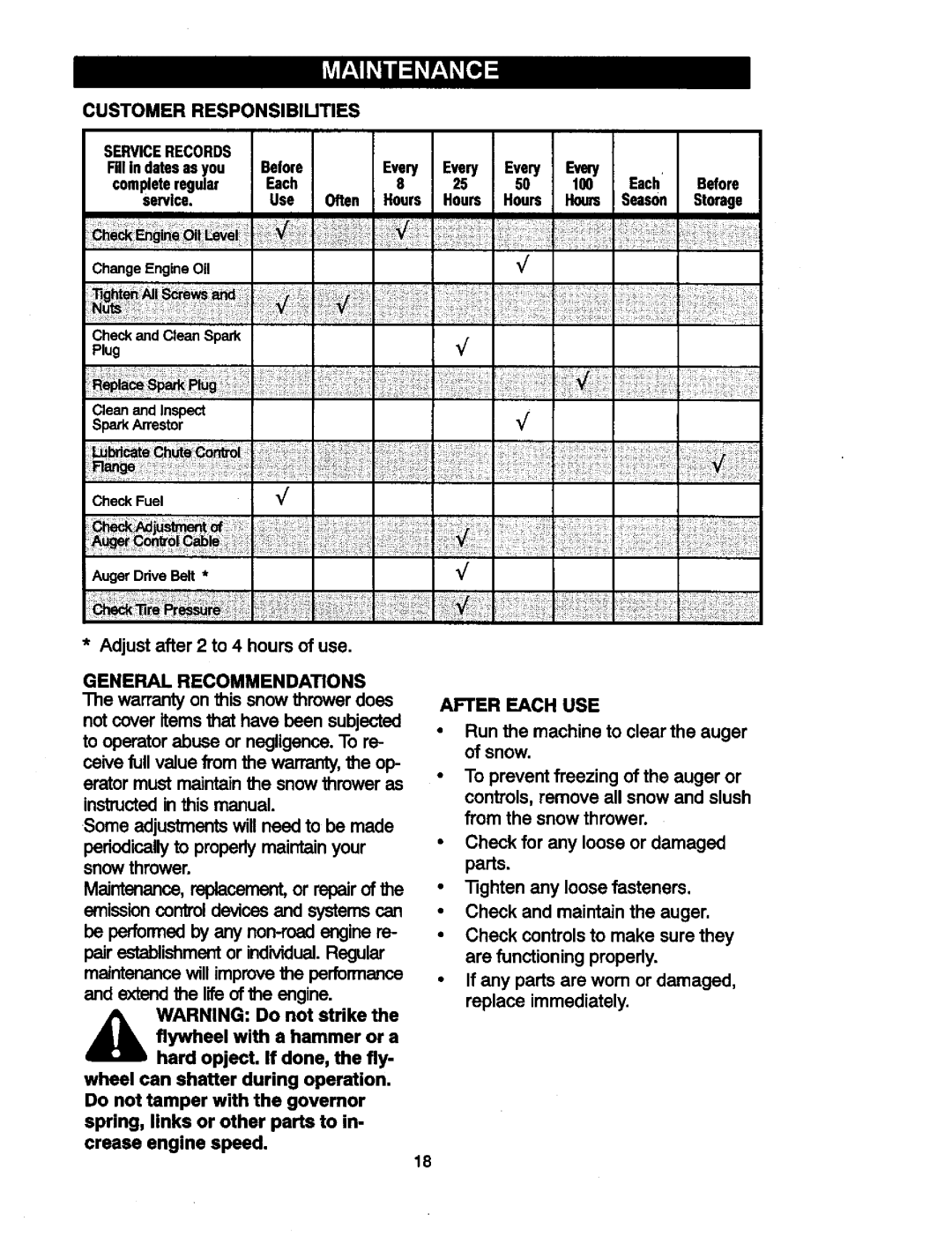 Craftsman 536881851 manual Customer Responsibiuties, IO0, General Recommendations, After Each USE 