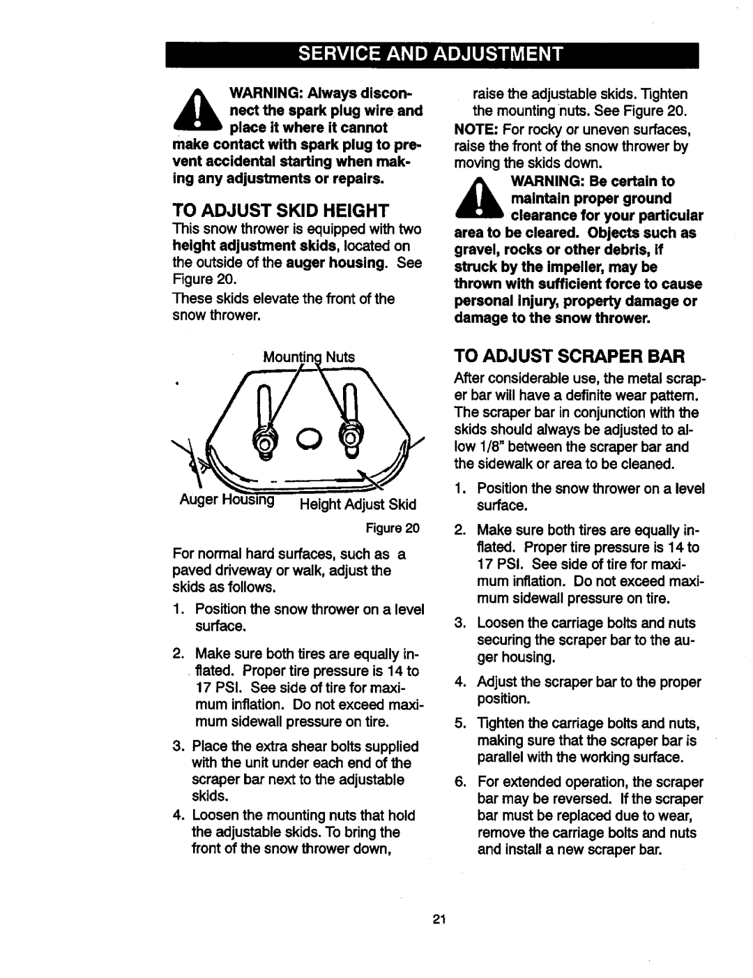 Craftsman 536881851 manual To Adjust Skid Height, To Adjust Scraper BAR 