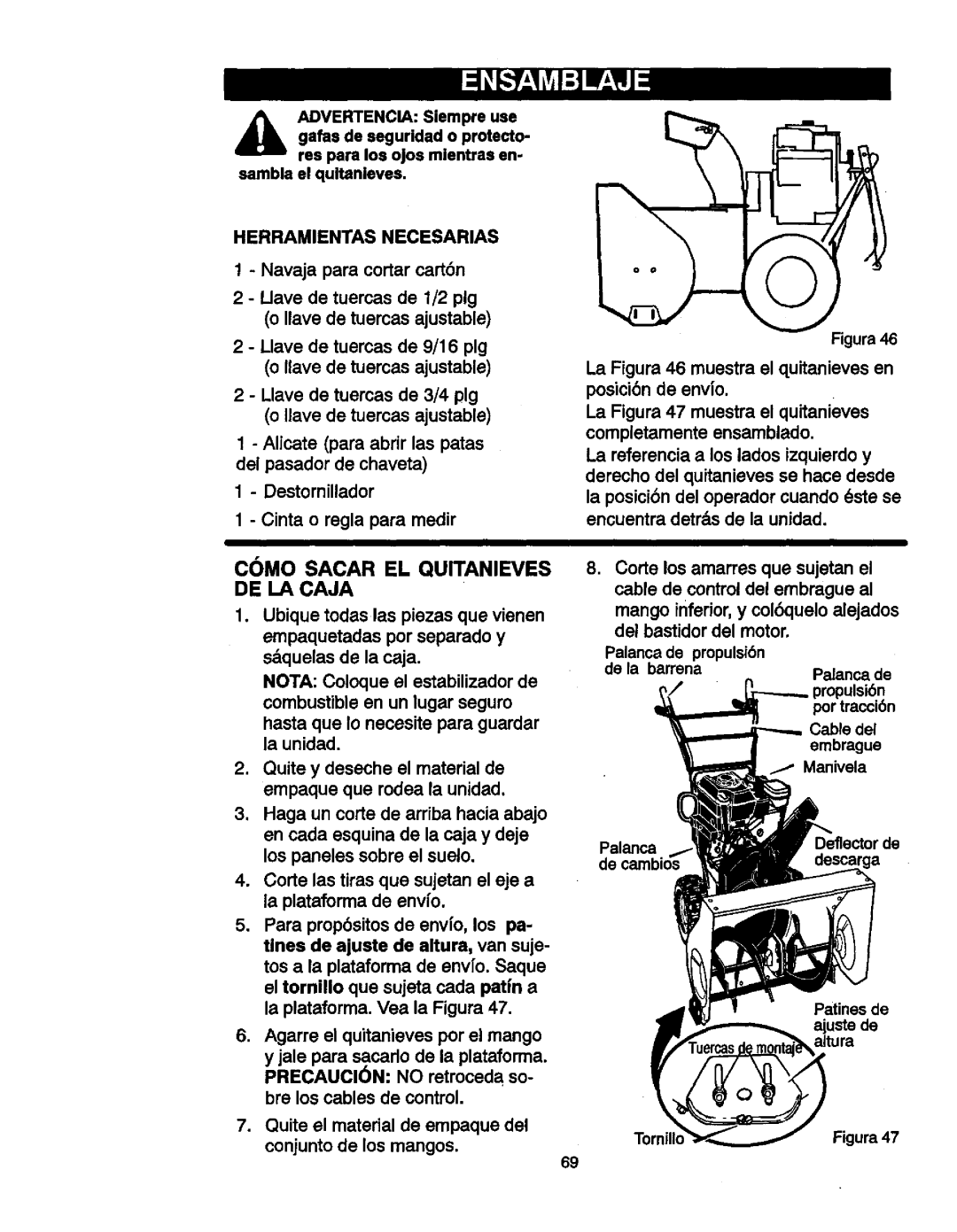 Craftsman 536881851 manual CMO Sacar EL Quitanieves DE LA Caja, Herramientas Necesarias 