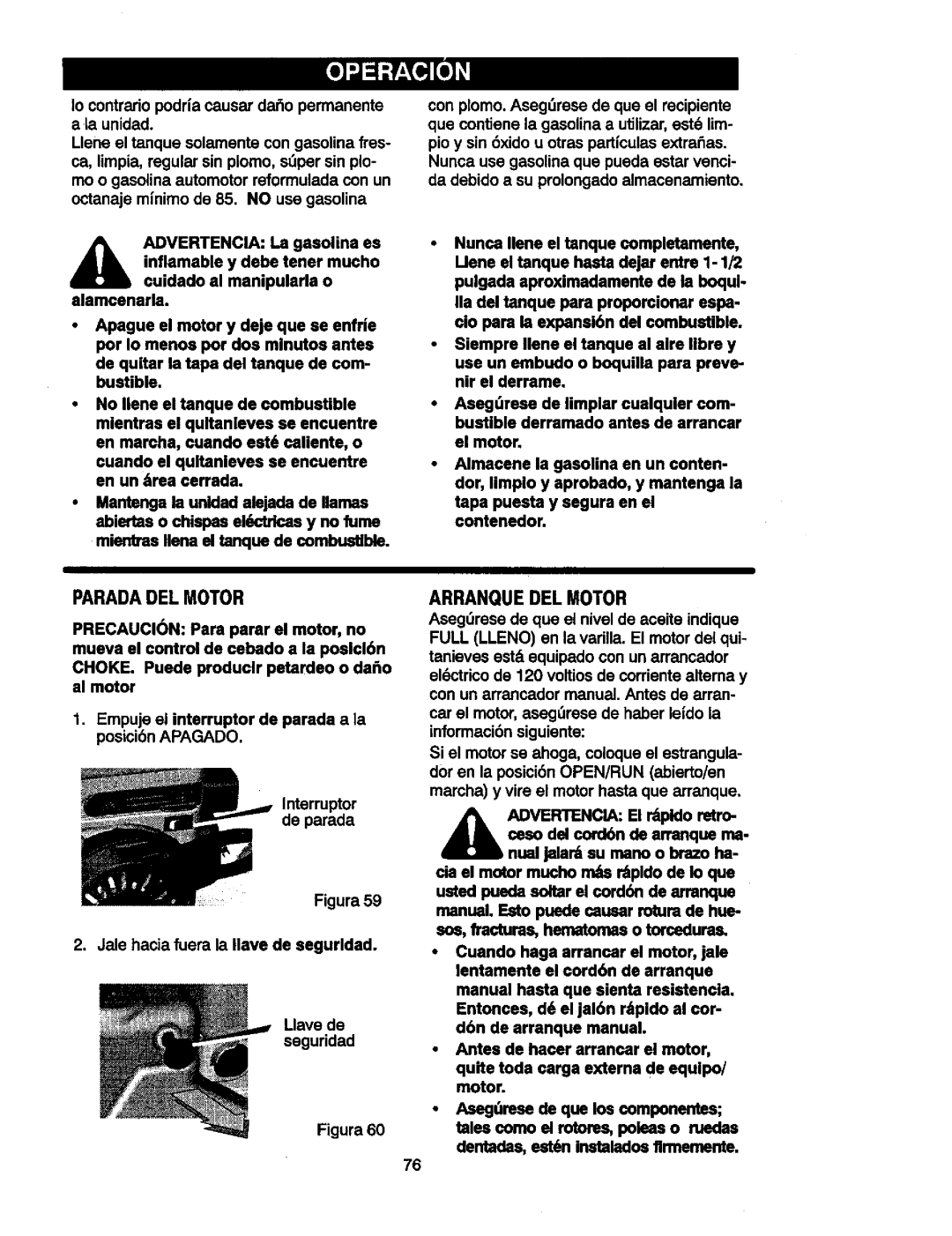 Craftsman 536881851 manual Paradadel Motor, Arranquedel Motor 