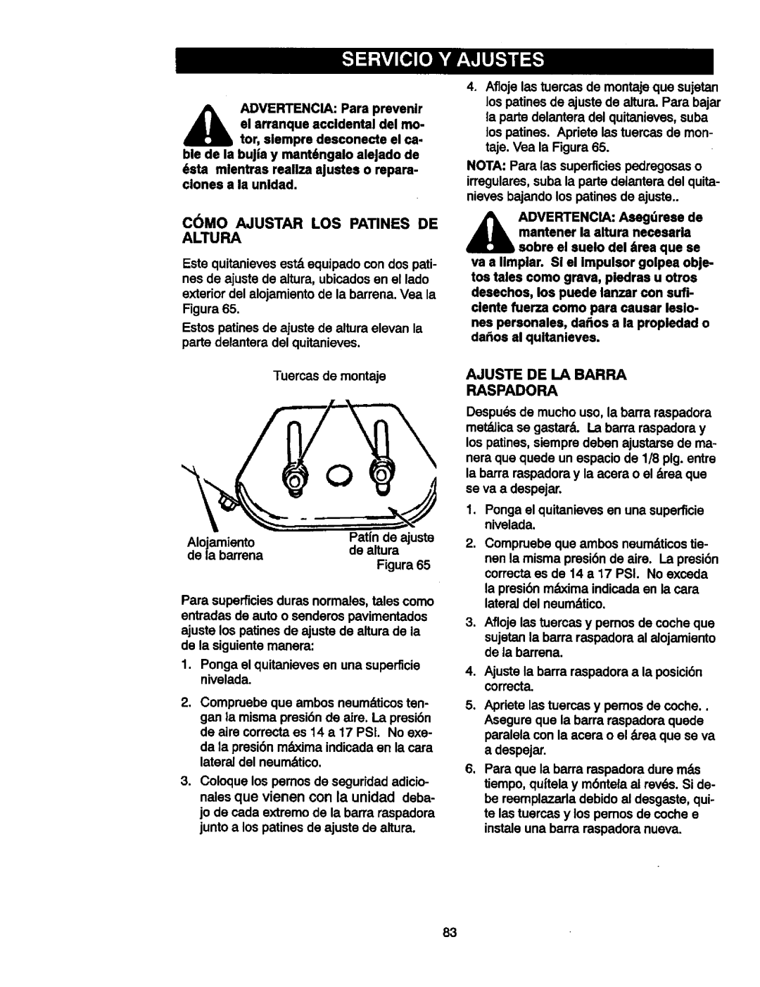 Craftsman 536881851 manual Ajuste DE Labarra Raspadora, Ajustela barra raspadoraa la posici6n correcta 