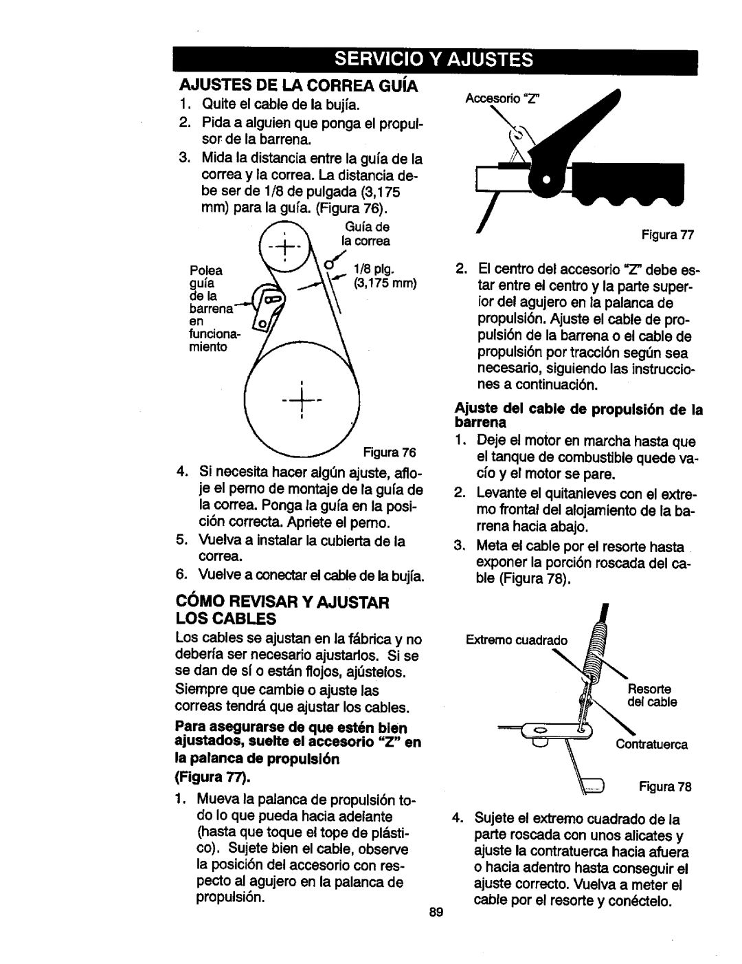 Craftsman 536881851 manual Ajustes DE LA Correa Guja, CMO Revisar Y Ajustar LOS Cables 