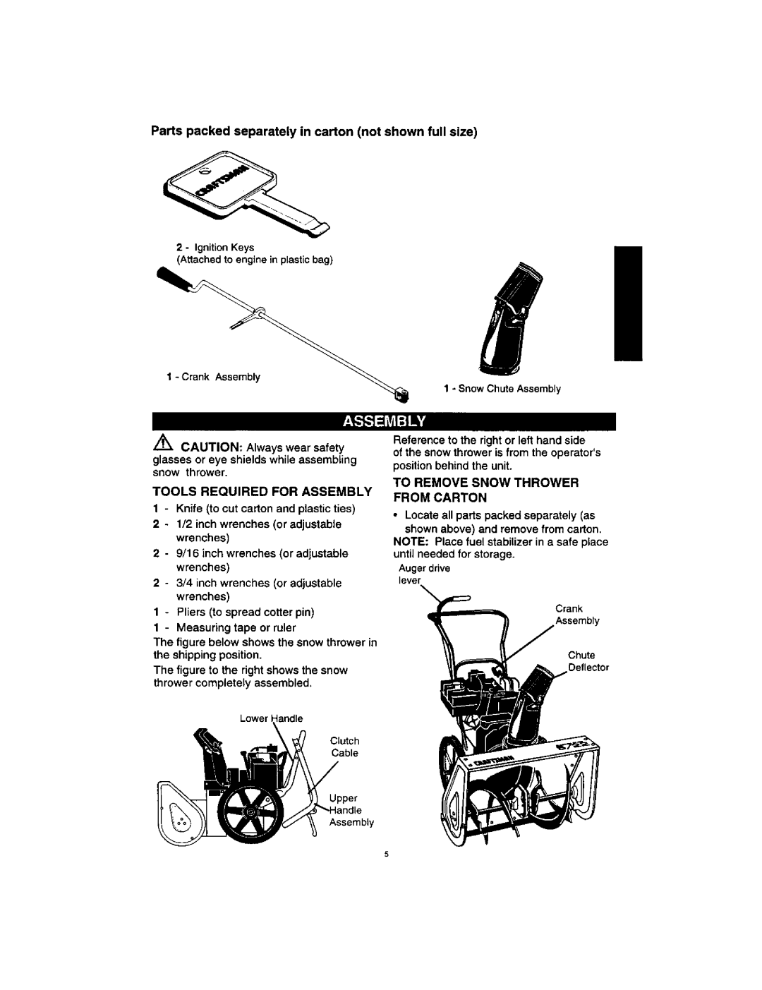 Craftsman 536,884,791 manual Parts packed separately in carton not shown full size, Tools Required for Assembly 