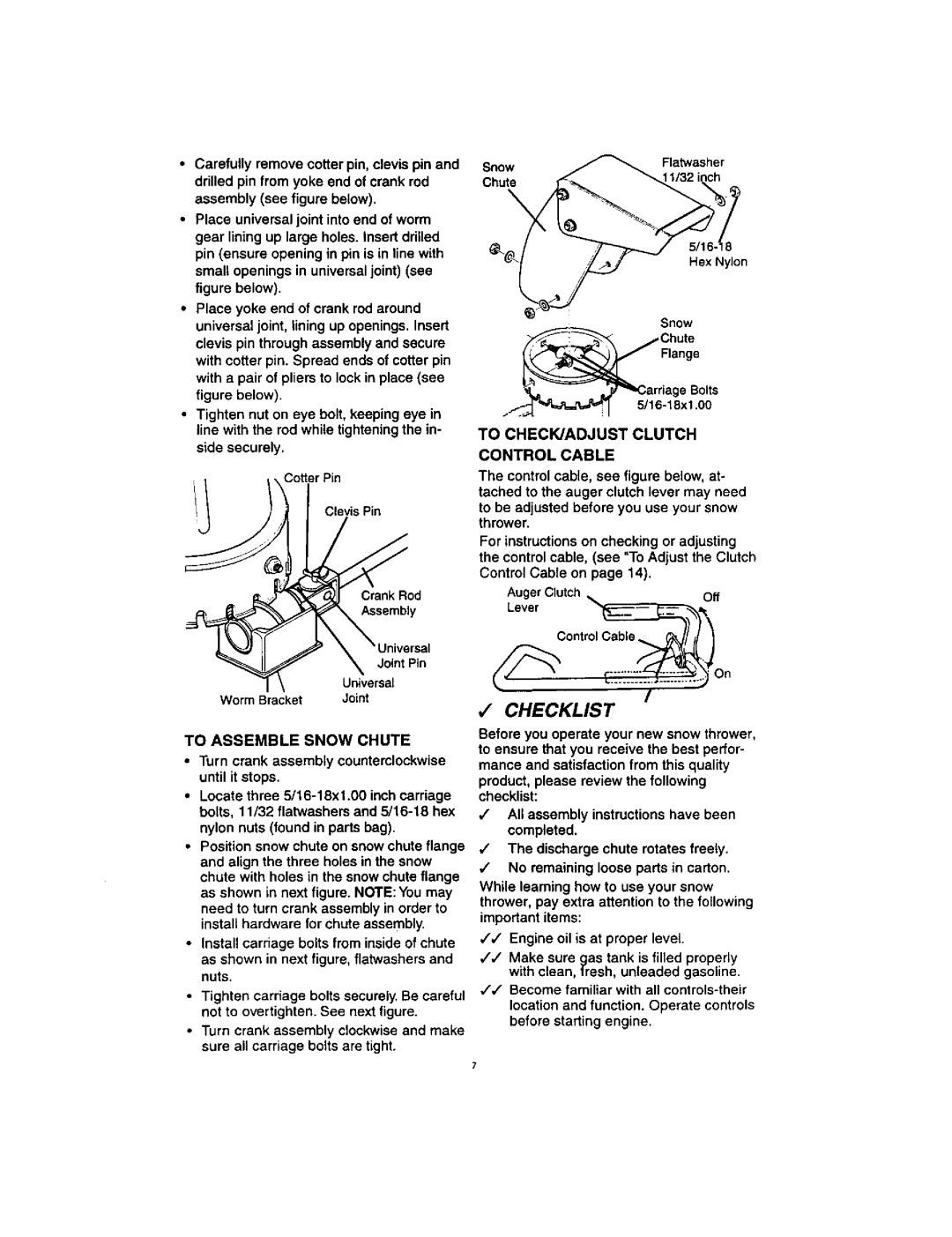 Craftsman 536,884,791 manual To Assemble Snow Chute, To CHECK/ADJUST Clutch Control Cable, Hex Nylon, Lever ControlCable..j 