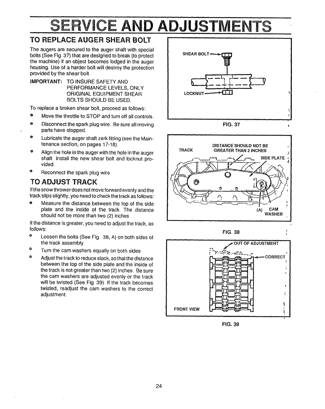 Craftsman 536.88502 owner manual To Replace Auger Shear, To Adjust Track 