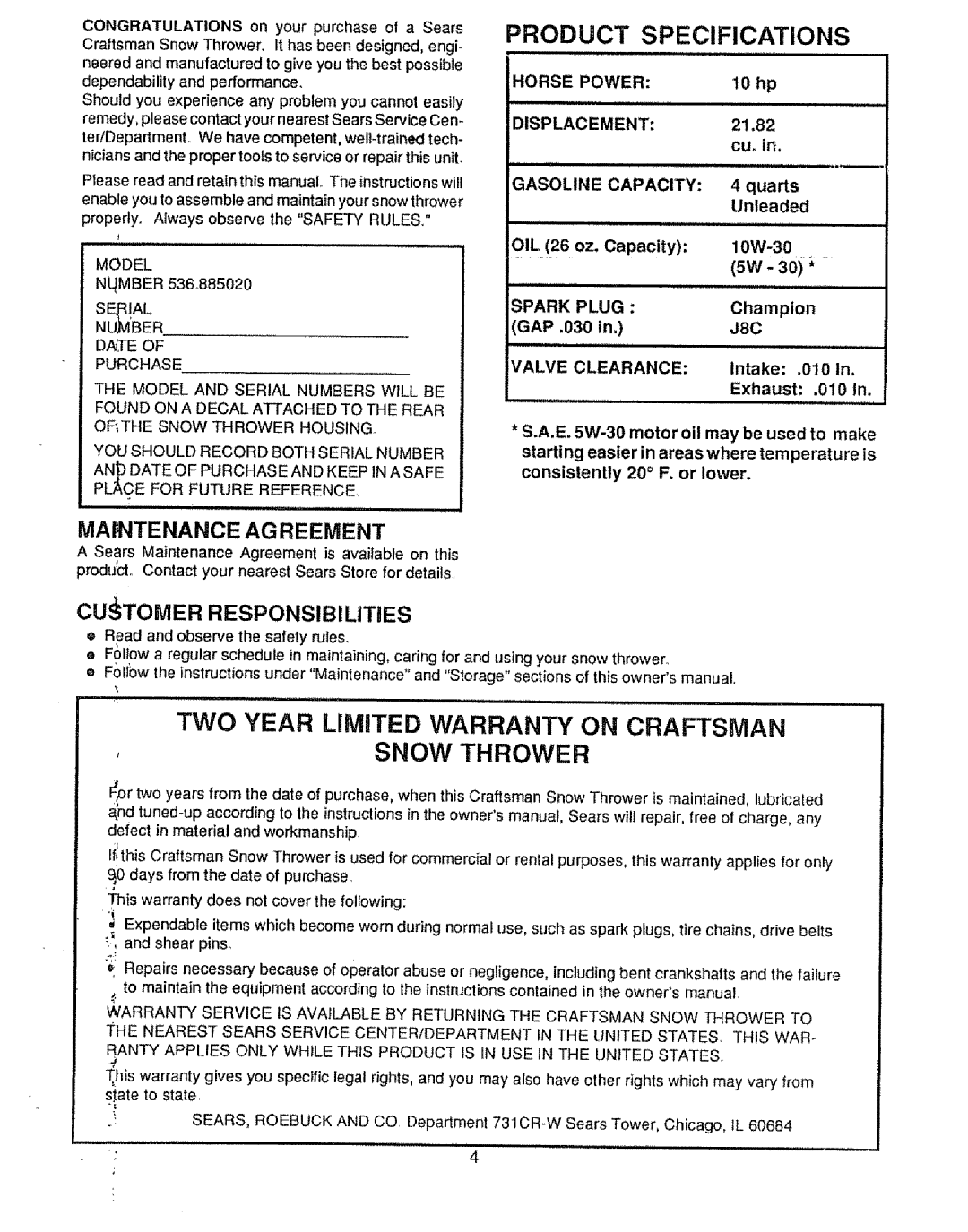 Craftsman 536.88502 owner manual Jsc, Horse Power, Displacement, Spark Plug, Valve Clearance 