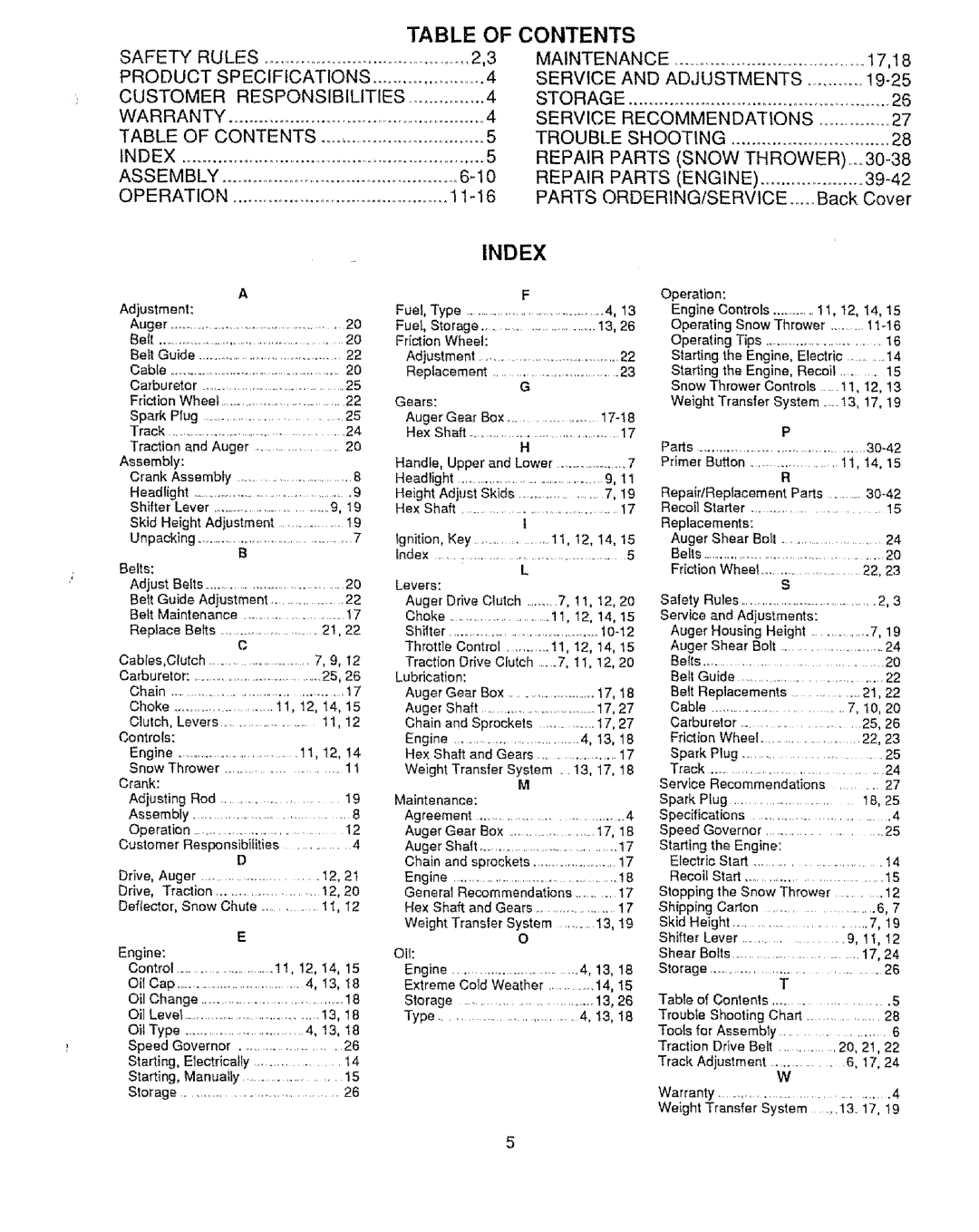 Craftsman 536.88502 owner manual Table of Contents, Index 