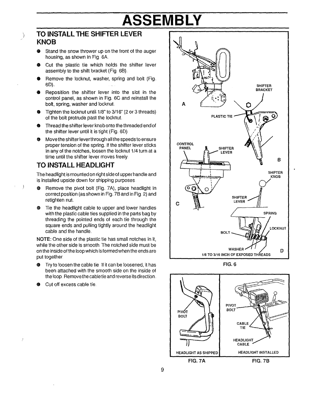 Craftsman 536.88502 owner manual Assembly, To Install the Shifter Lever Knob, To Install Headlight 