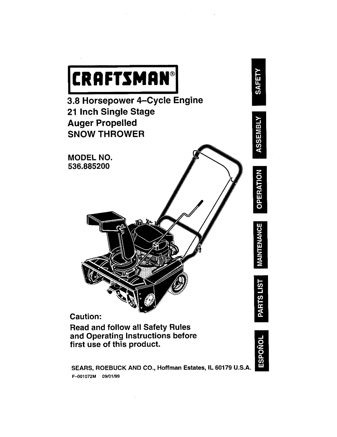 Craftsman 536.8852 operating instructions Snow Thrower 