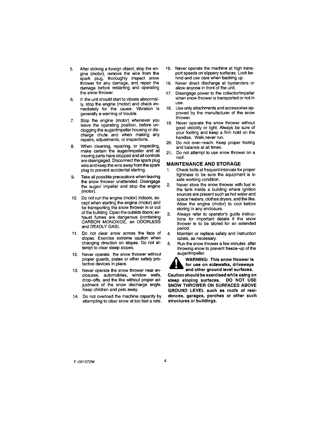 Craftsman 536.8852 operating instructions Maintenance and Storage 