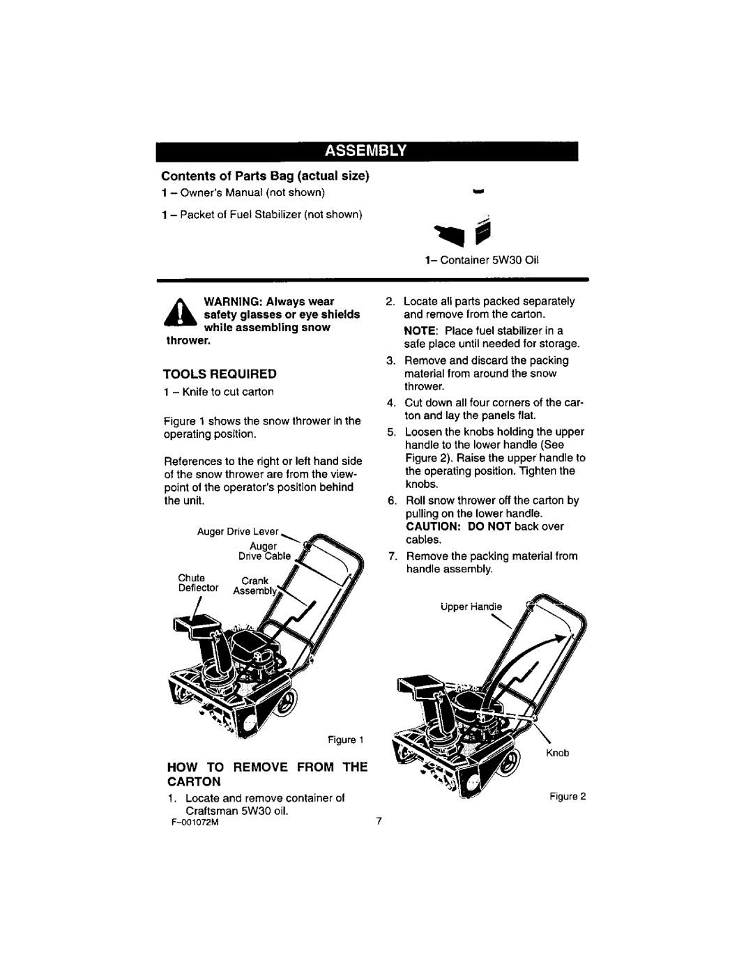 Craftsman 536.8852 operating instructions Contents of Parts Bag actual size, Tools Required 