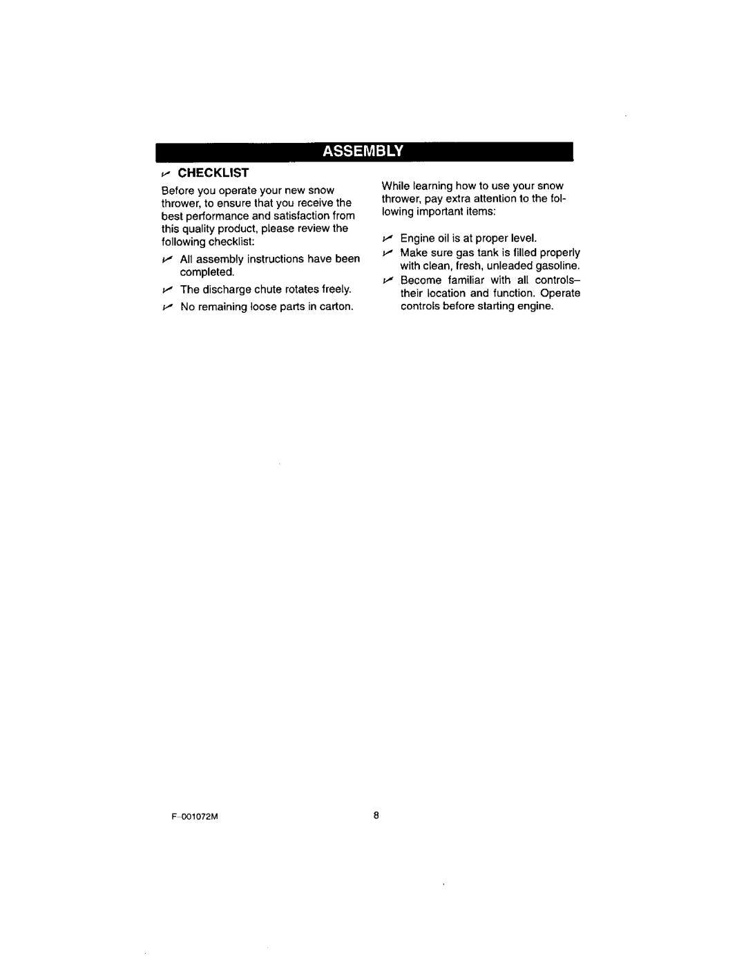 Craftsman 536.8852 operating instructions ZAIild, Checklist 