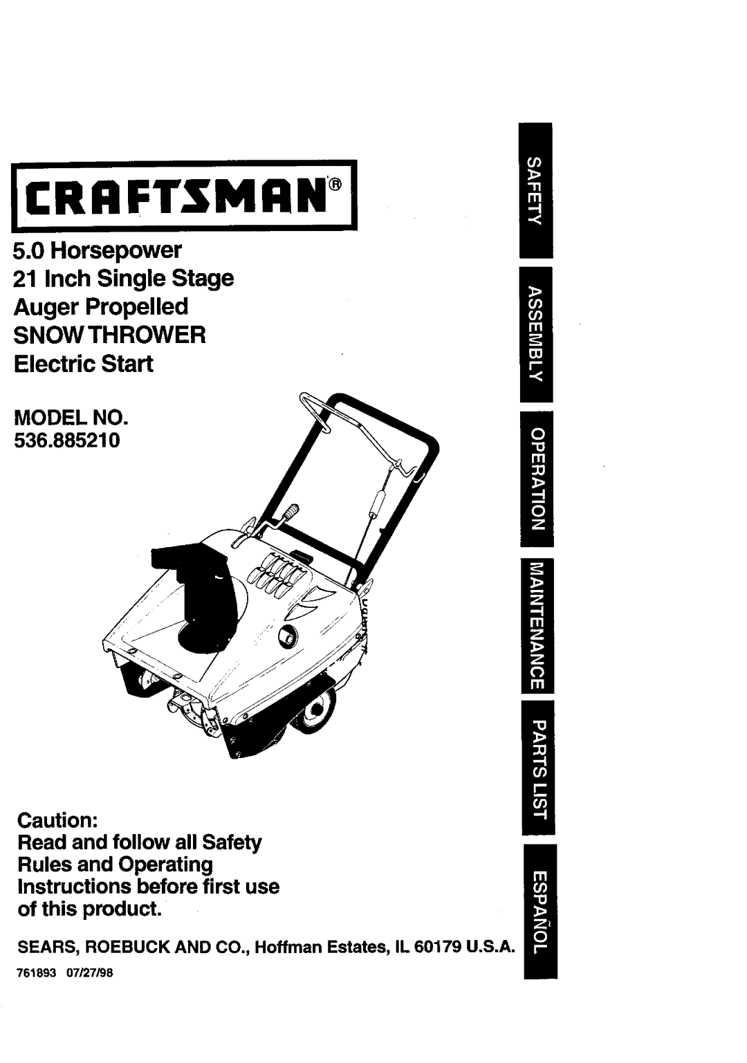 Craftsman 536.88521 operating instructions SEARS, Roebuck and CO., Hoffman Estates, IL 60179 U.S.A, 761893 07/27/98 