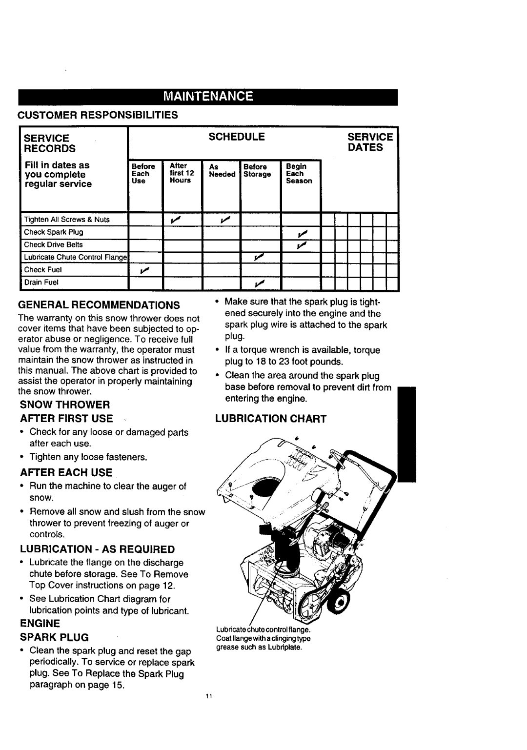 Craftsman 536.88521 Customer Responsibilities Service, Records, Lubrication Chart Lubrication AS Required, Spark Plug 