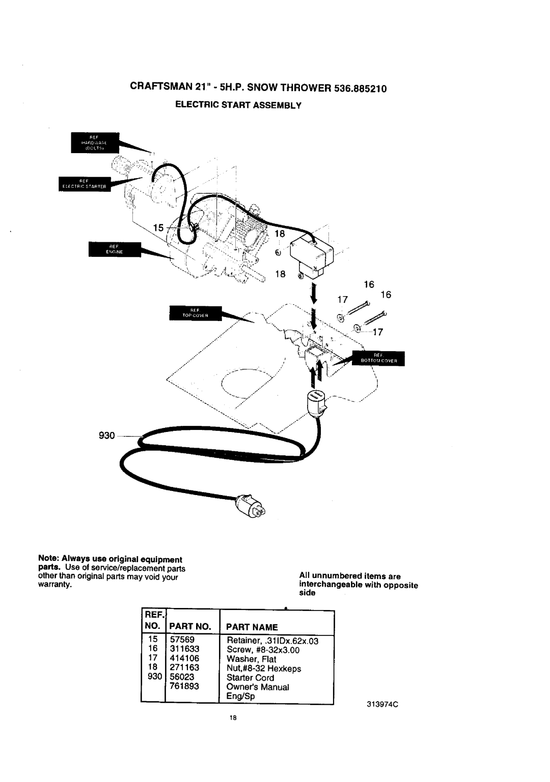 Craftsman 536.88521 operating instructions Craftsman 21 5H.P. Snow Thrower, Electric Start Assembly, Part Name 
