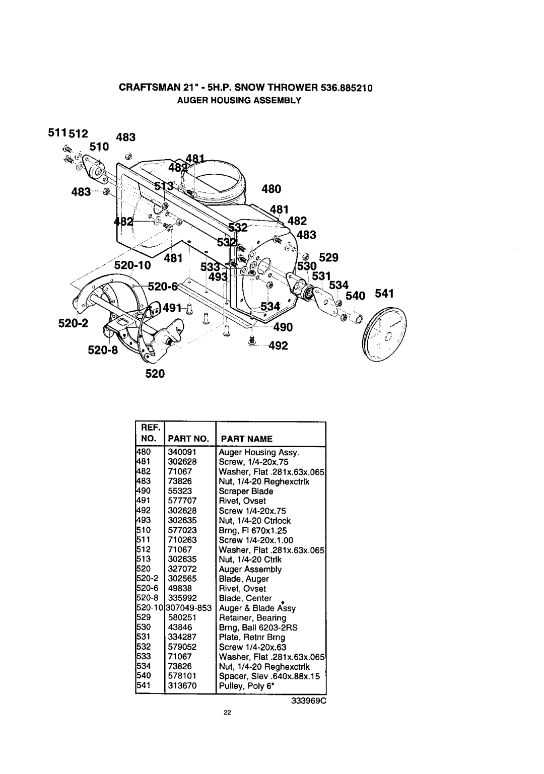 Craftsman 536.88521 operating instructions 481, 52010, 540, 51o, Part NO. Part Name 