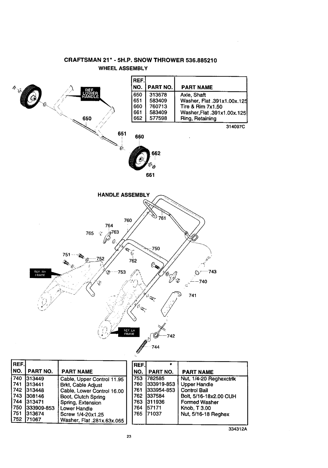 Craftsman 536.88521 Craftsman 21 -5H.P.SNOW Thrower Wheel Assembly, Handle Assembly, Partname Part Name 