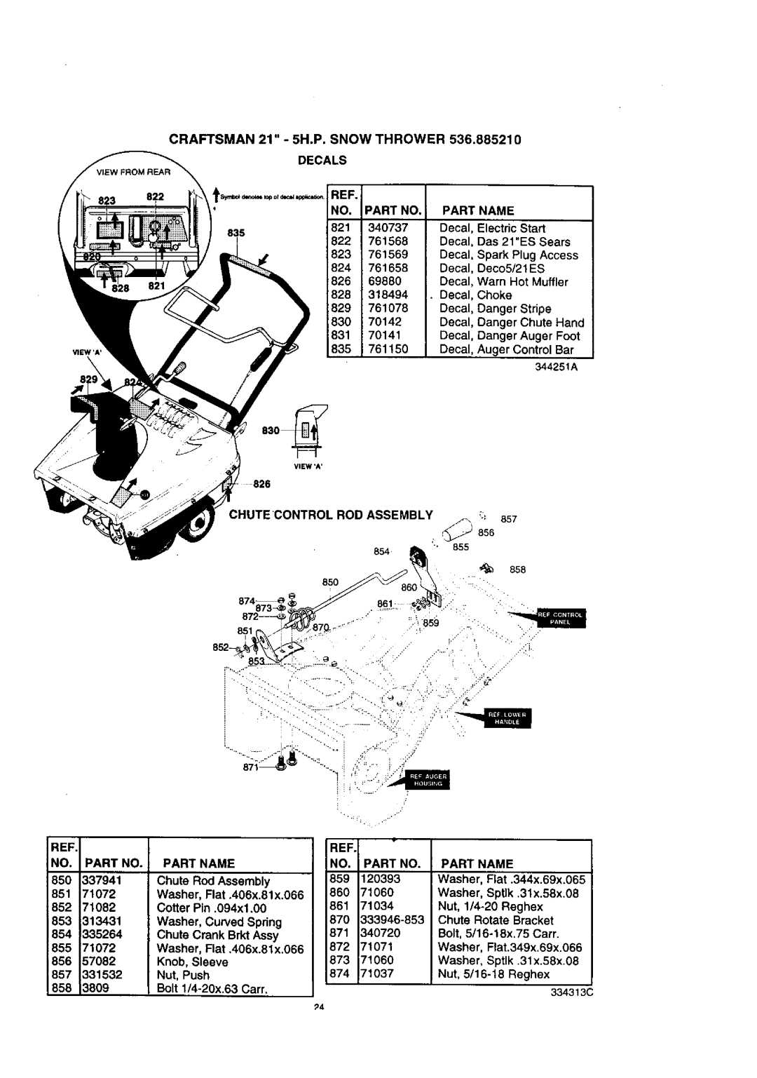 Craftsman 536.88521 operating instructions Craftsman 21 5H.P. Snow Thrower, Decals, Part Name Partno 