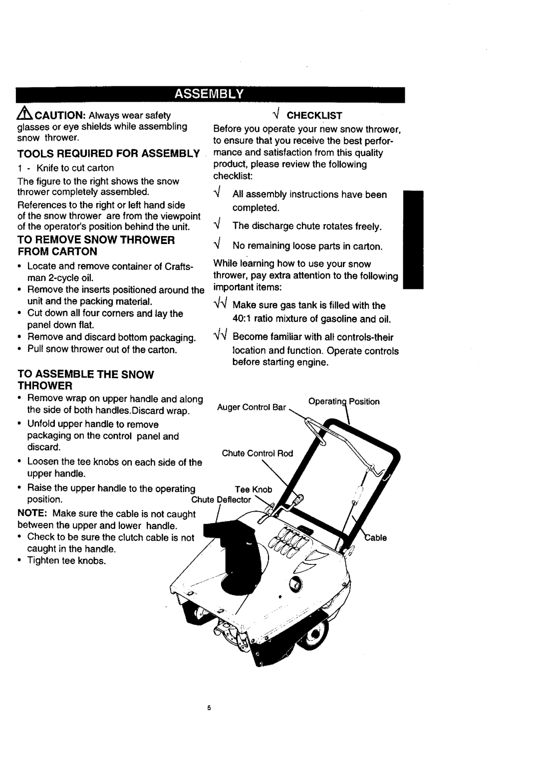 Craftsman 536.88521 To Remove Snow Thrower from Carton, Checklist, All assembly instructions have been Completed 