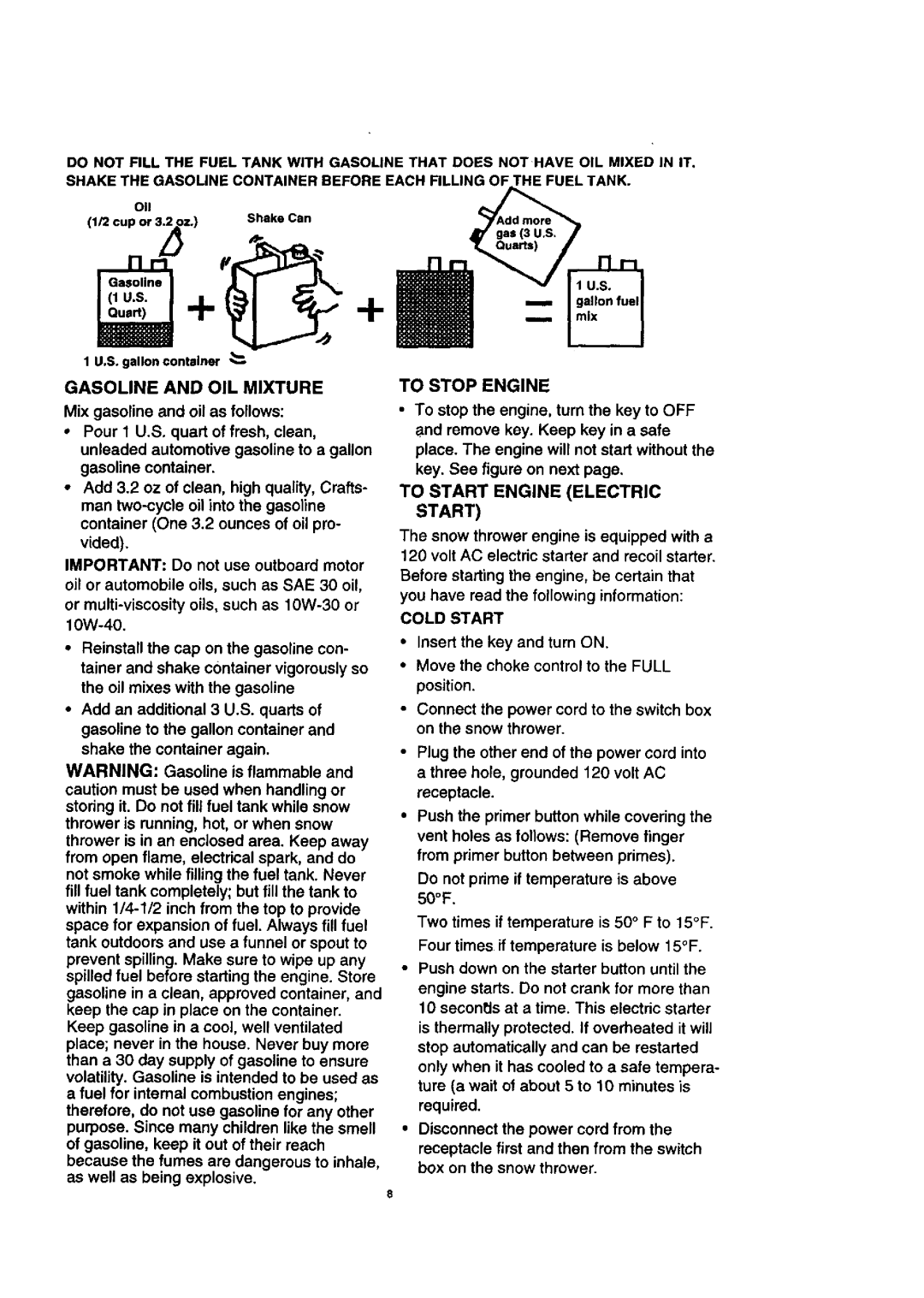 Craftsman 536.88521 Gasoline and OIL Mixture, To Stop Engine, To Start Engine Electric Start, Cold Start 