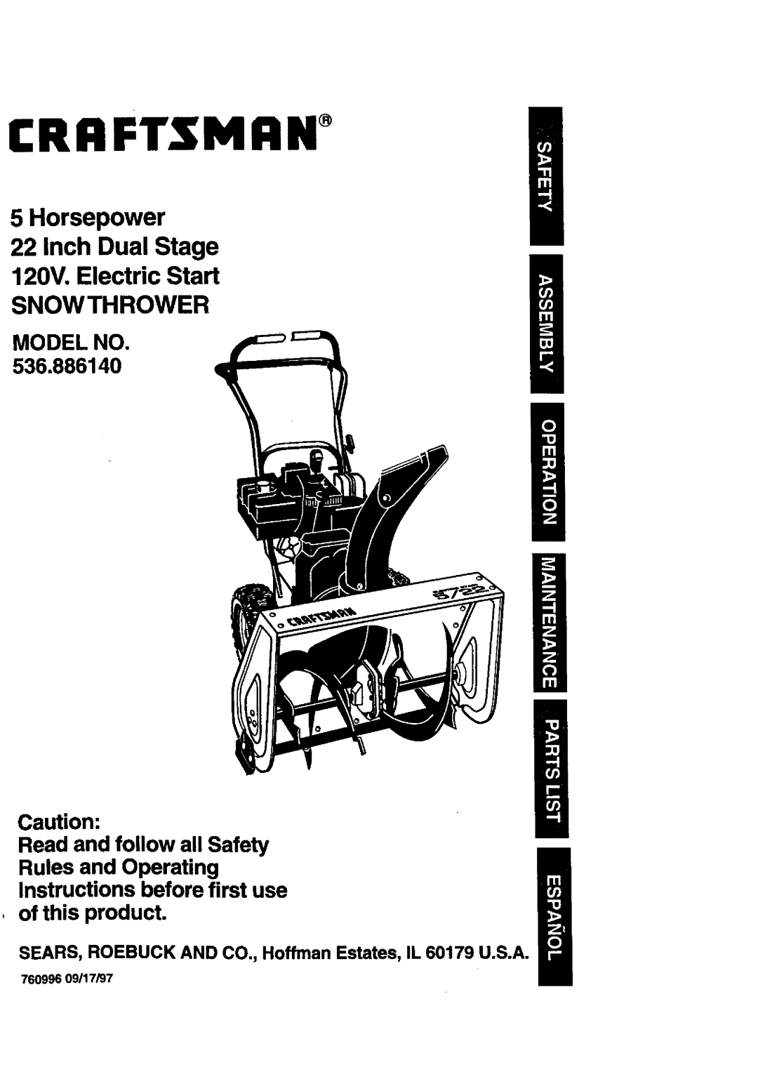 Craftsman 536.88614 manual Horsepower 22 Inch Dual Stage, 120V. Electric Start SNOWTHROWER, Model No, Crrftsmrw 
